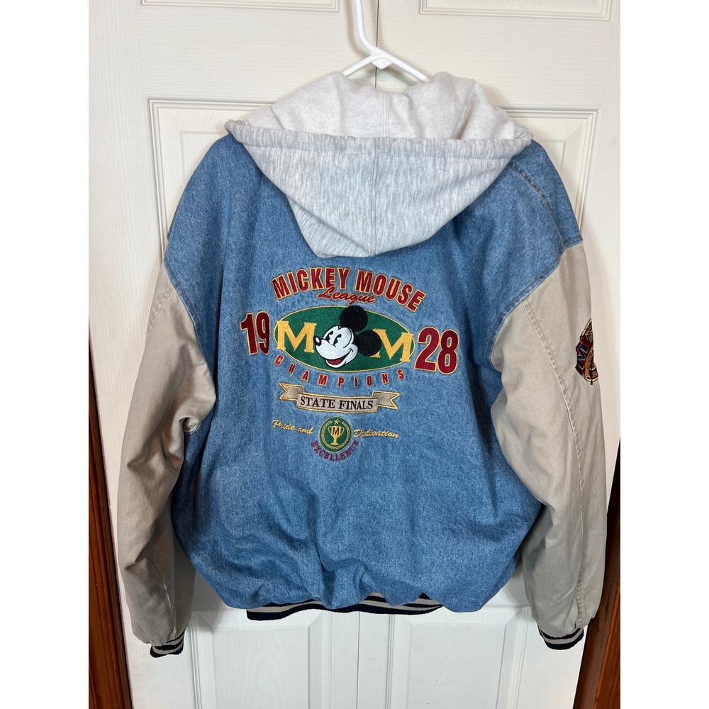 Vtg 90s Disney Store Varsity Jacket Men XL Blue Mickey Mouse League Hooded Denim